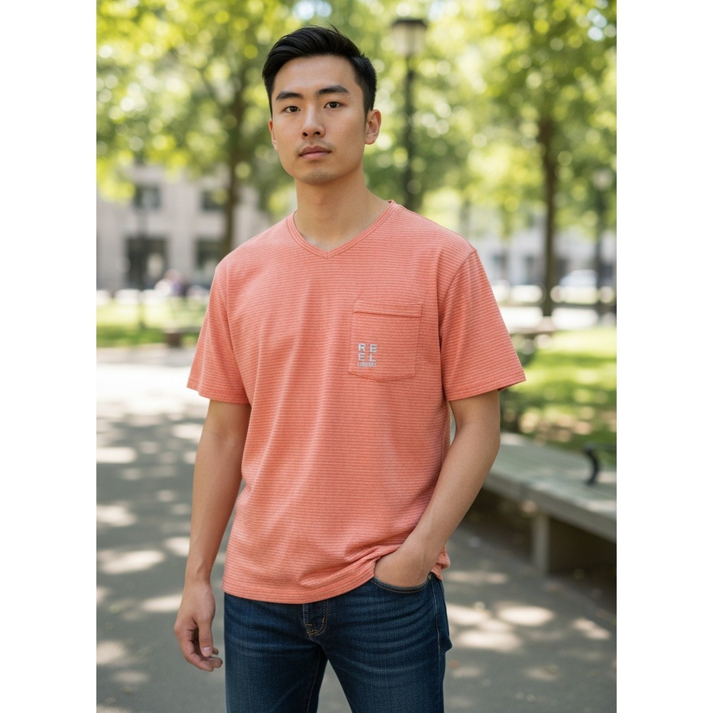 Reel Legends Freeline‎ Mens M V-Neck Pocket T-Shirt Coral Orange Striped